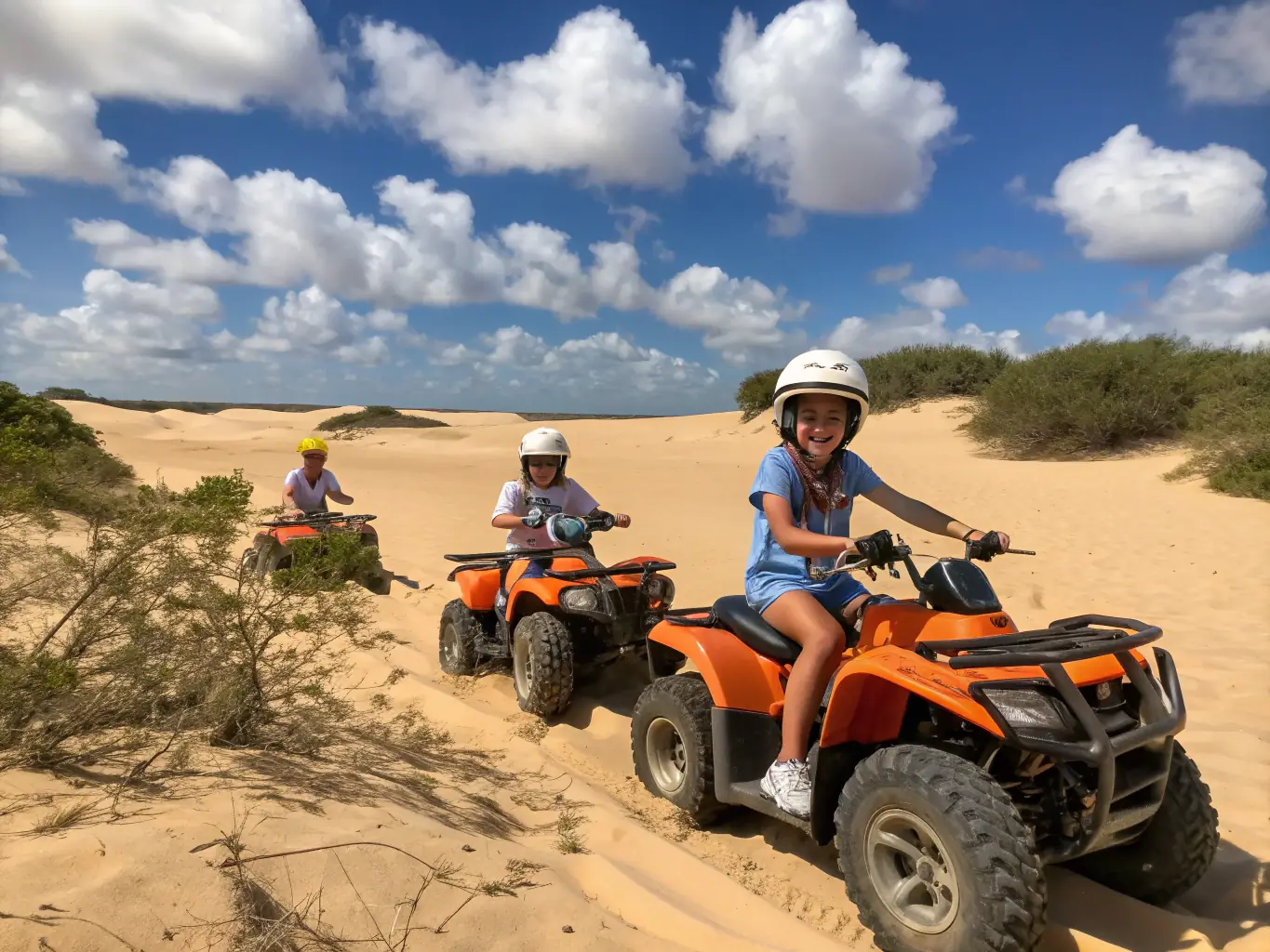 An image depicting a group of young riders participating in a quad riding activity at LEYNHAC-MOTO-QUAD, emphasizing fun, skill-building, and safety.