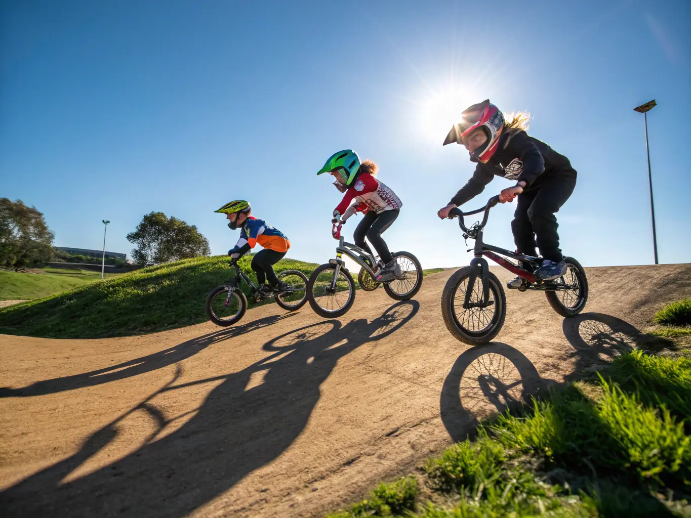 A vibrant image of young participants engaged in a motocross training session at LEYNHAC-MOTO-QUAD, showcasing skill development and teamwork.