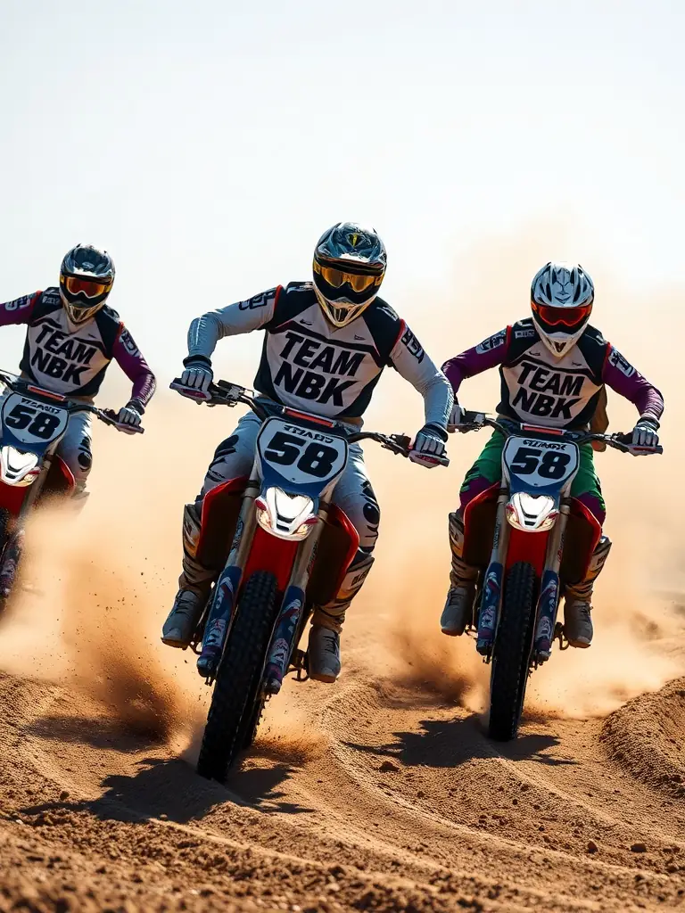 A group of young riders participating in an organized motocross event, demonstrating teamwork and sportsmanship, with LEYNHAC-MOTO-QUAD banners visible.