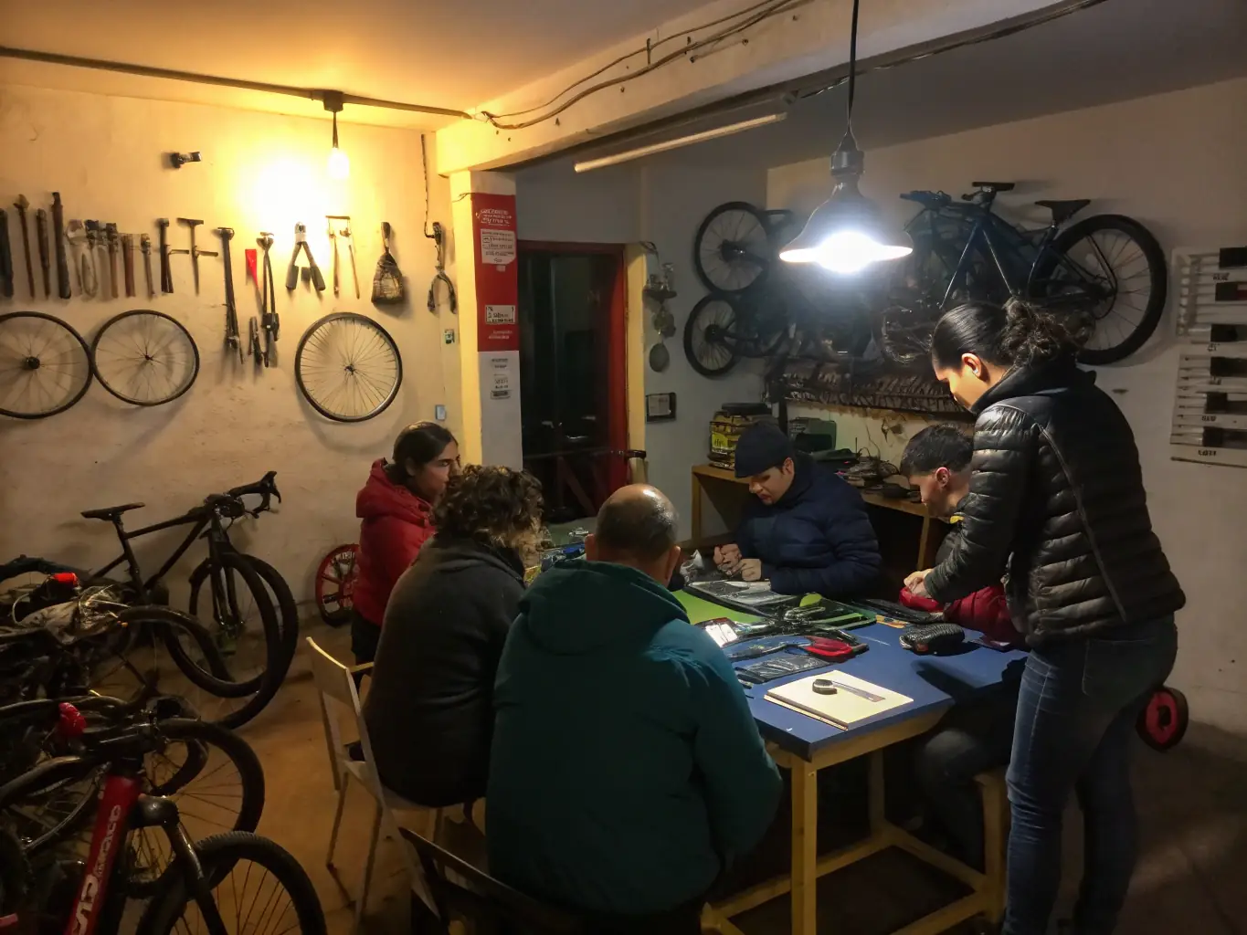 A photo of a group of young people participating in a workshop on motorcycle maintenance and safety at LEYNHAC-MOTO-QUAD.