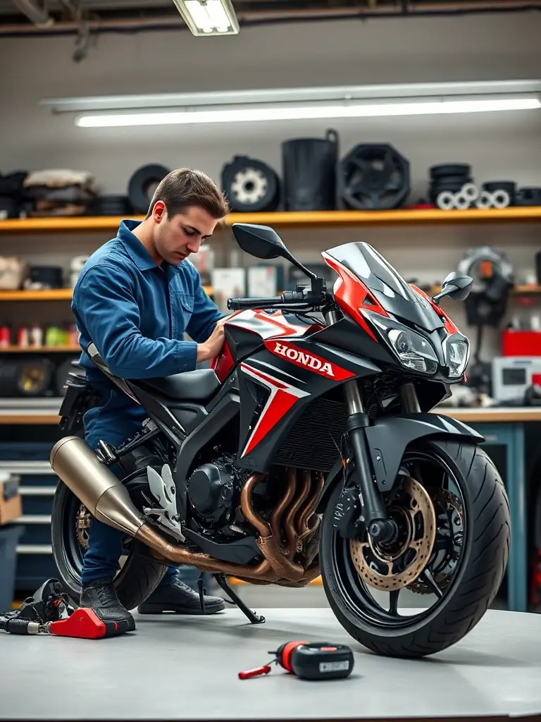 A workshop scene with young participants learning about motorcycle maintenance and repair, guided by a technical expert from LEYNHAC-MOTO-QUAD.